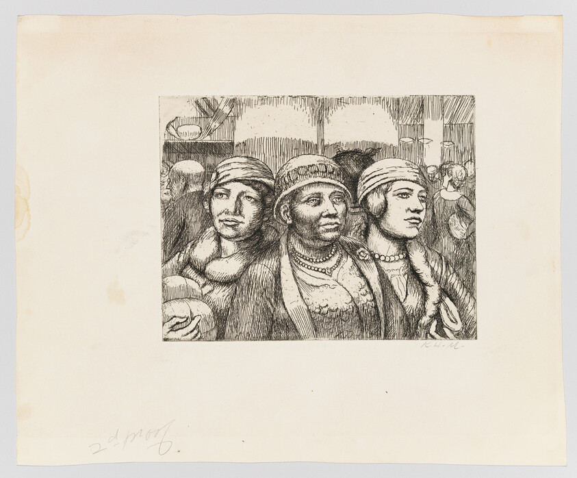 Three women in hats and necklaces stand closely together in a crowded interior scene.