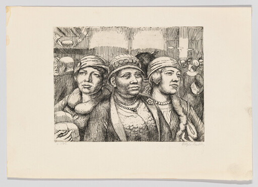 Three women in hats and necklaces stand closely together in a crowded interior scene.