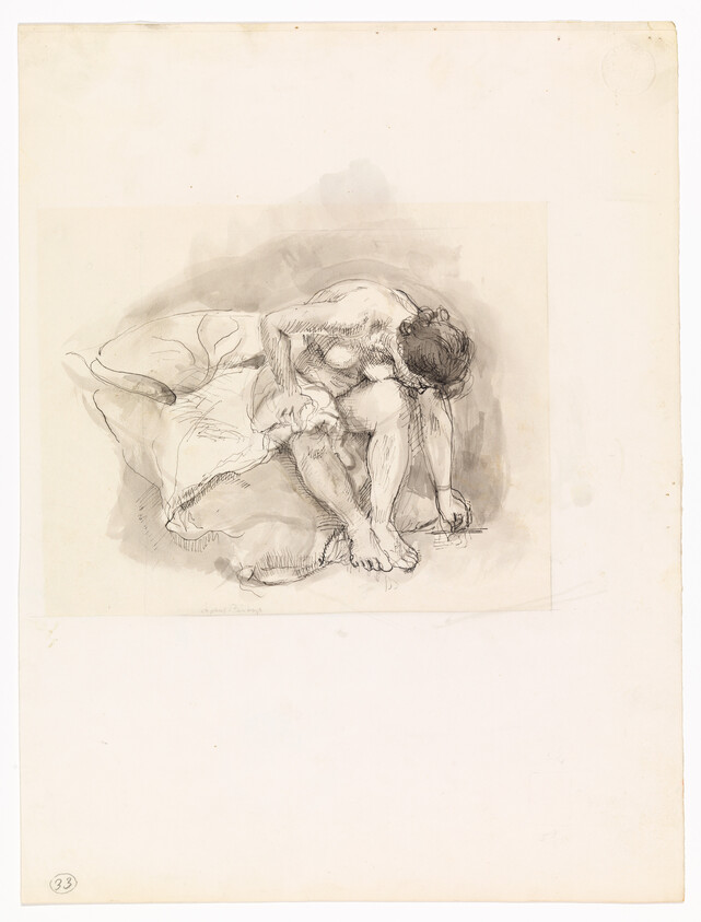 A seated nude woman leaning forward on a draped cloth, tending to her feet.