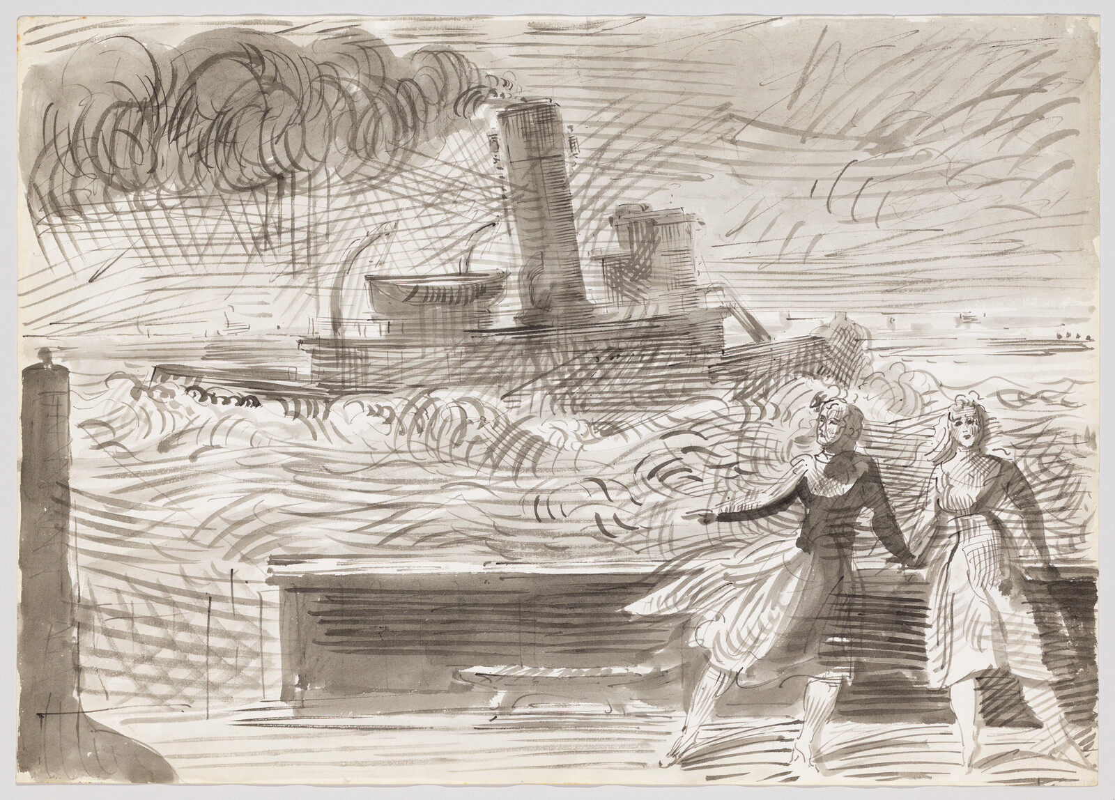 Two people hold hands on a quay watching a steamship churn through rough, smoky waters.