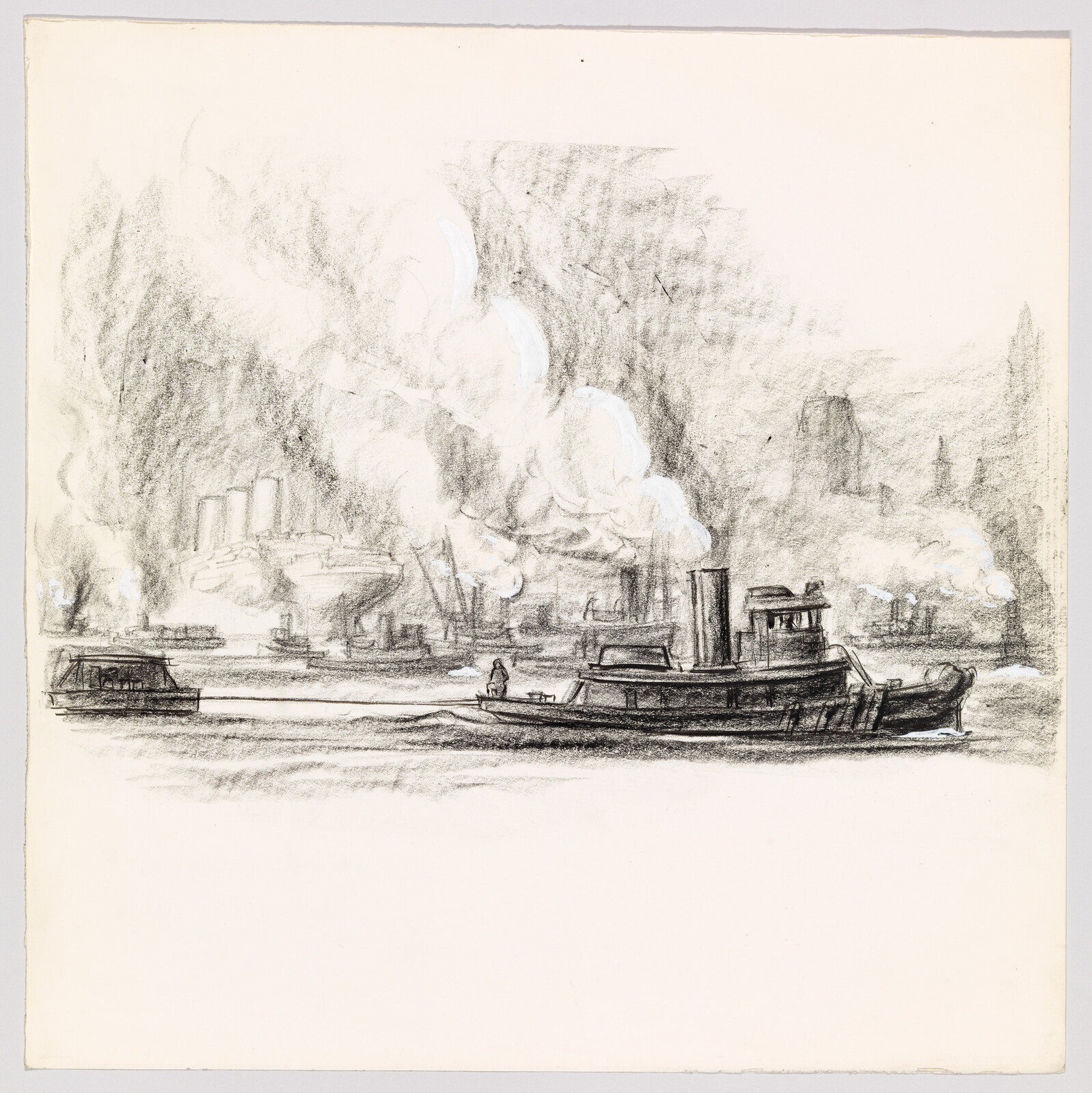 A tugboat tows a barge along a smoky river lined with steamships and industrial skyline.