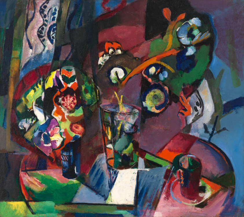 Bright abstract still life showing colorful flowers in vases and a glass on a table.