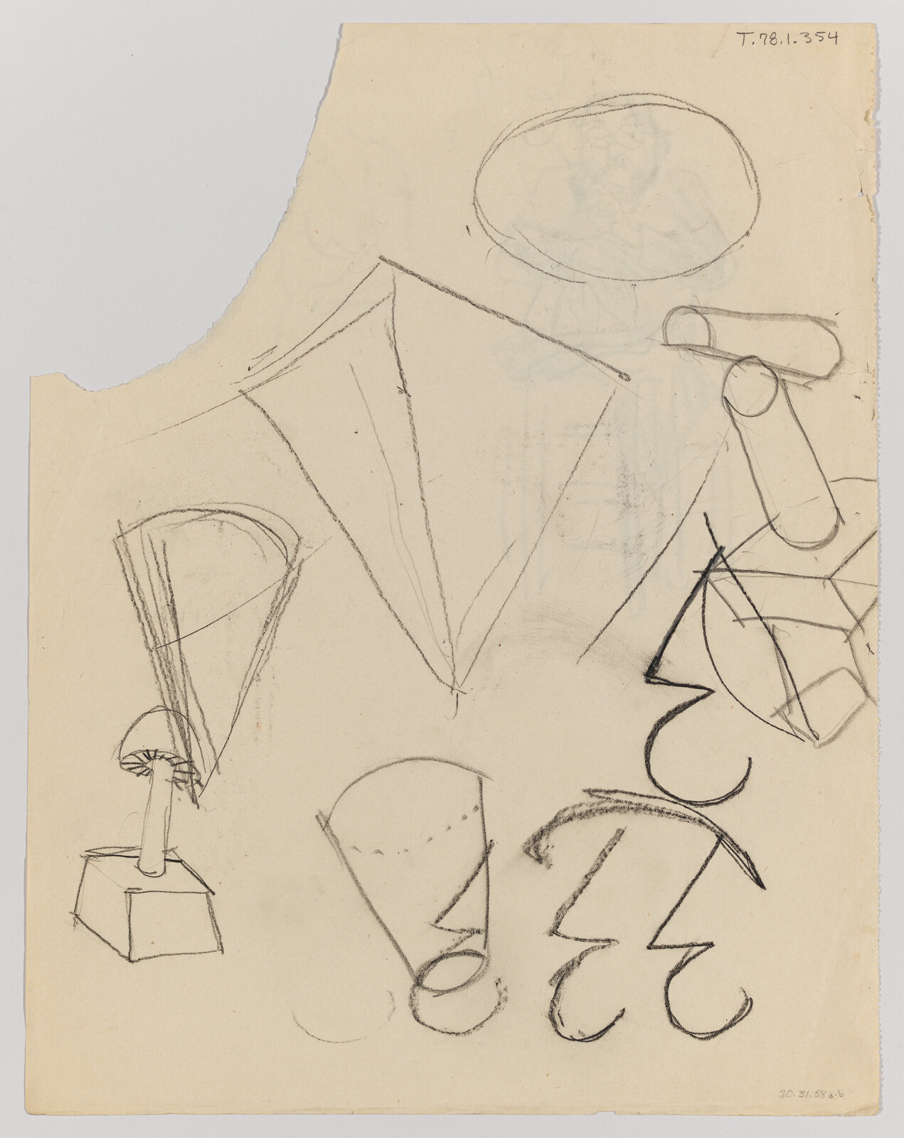 Loose pencil sketches of cones, cylinders, spirals, and geometric shapes on a torn sheet of paper.