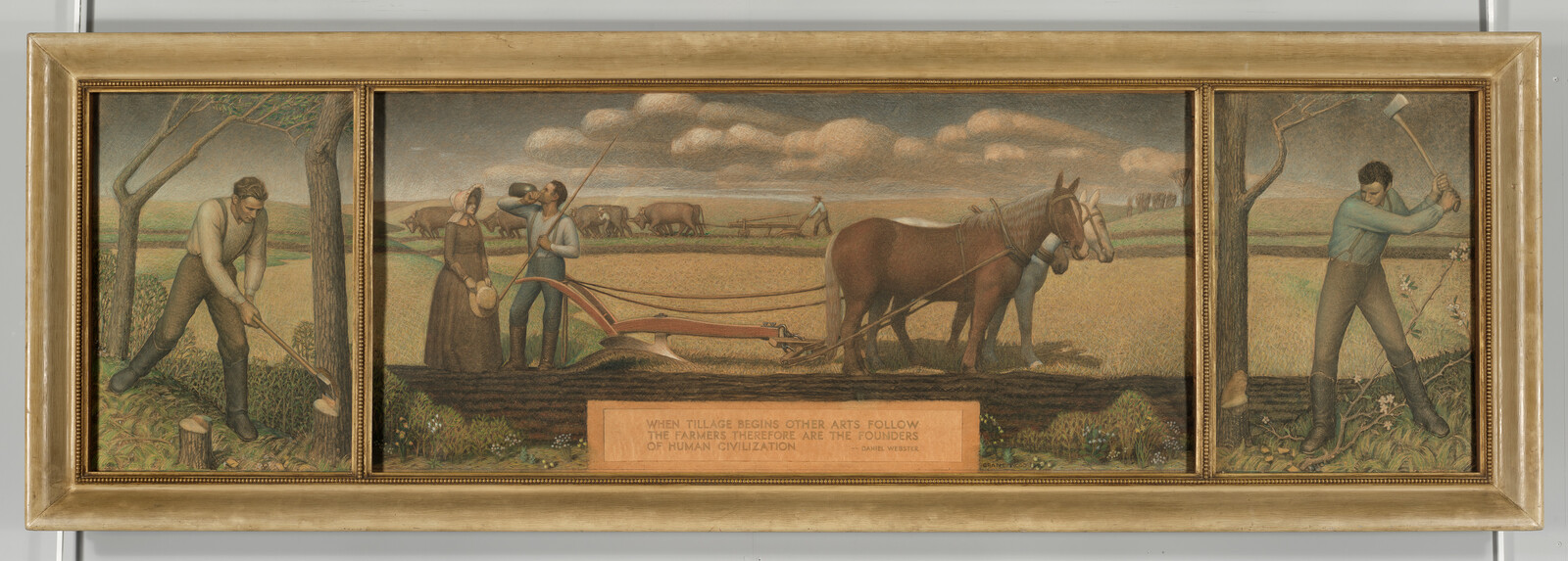 Triptych showing farmers chopping trees and plowing fields with horses and a plaque quoting tillage.