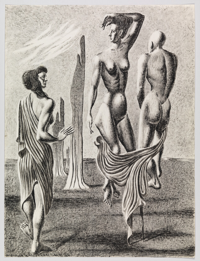 Three classical figures stand and walk in a sparse landscape, two figures partially nude.