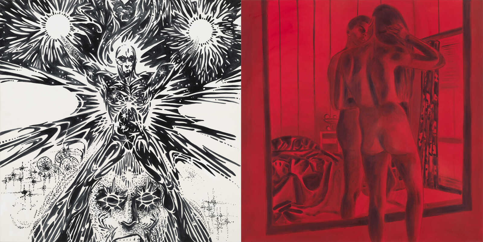 A black-and-white exploding figure stands beside a red scene of a nude person viewing their reflection.