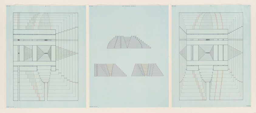 Three pale blue panels showing geometric, stepped architectural line drawings with nested rectangles and triangular forms.