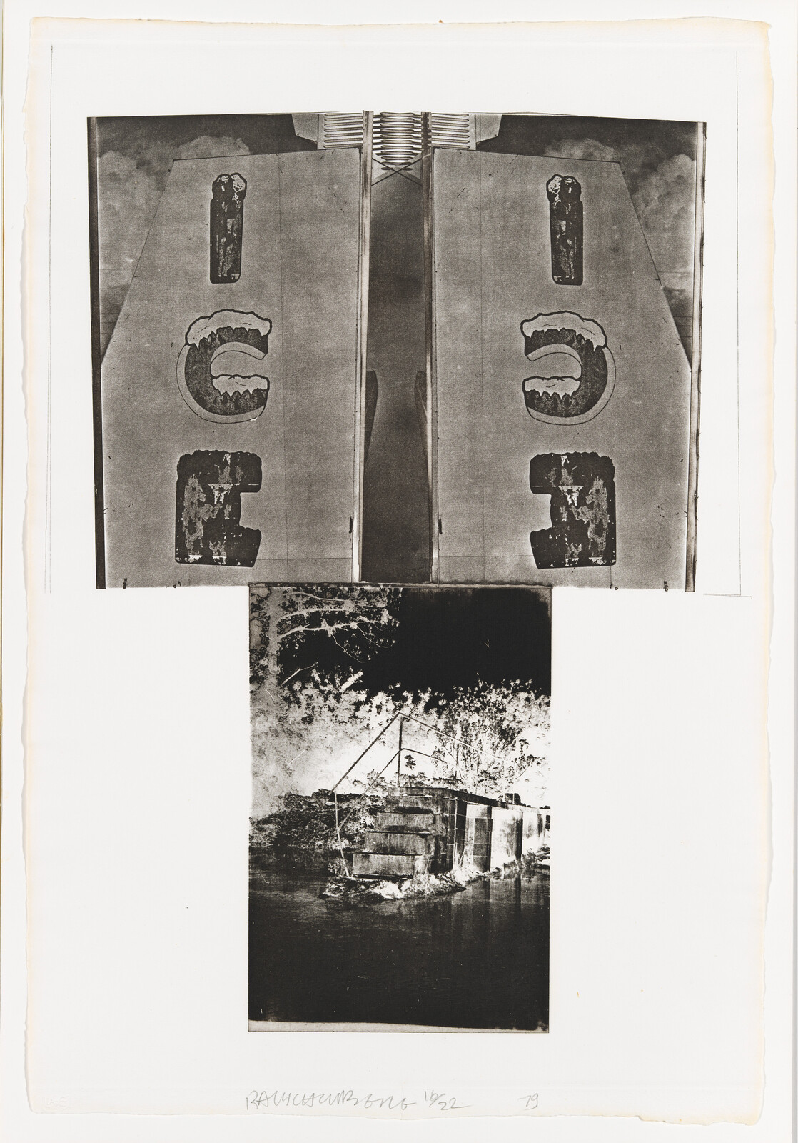 Two large weathered metal panels with faded markings above a dark photograph of a ruined waterside structure.
