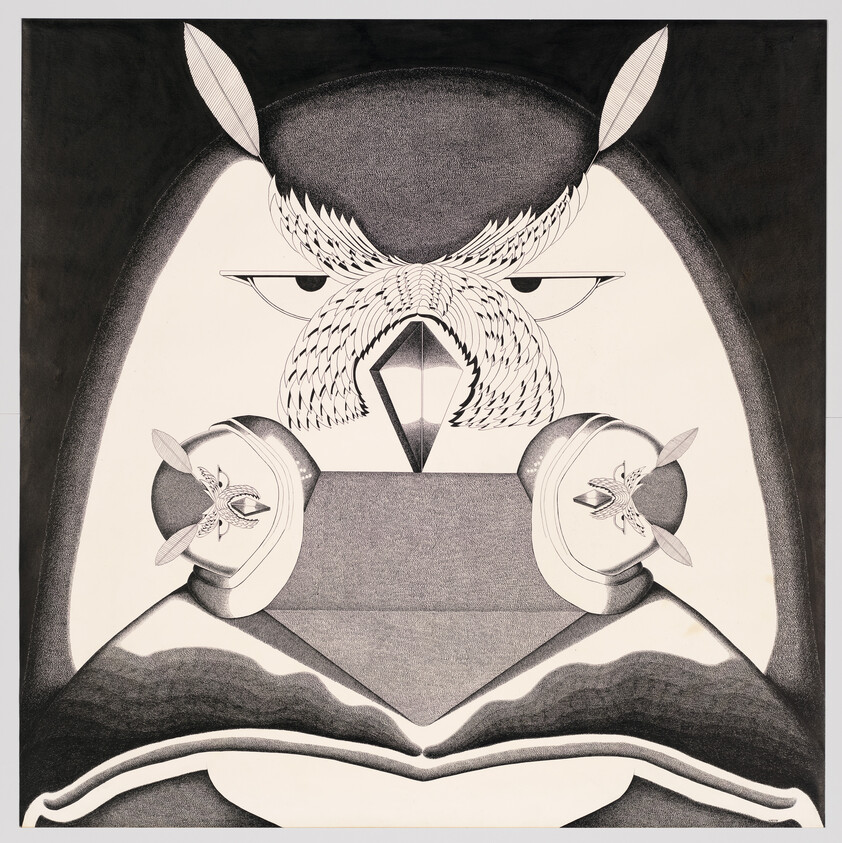 A stylized owl face with geometric beak and feather patterns framed by a dark arch.