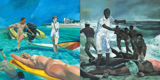 A split scene shows relaxed sunbathers on calm water and frantic rescuers pulling bodies from rough waves.