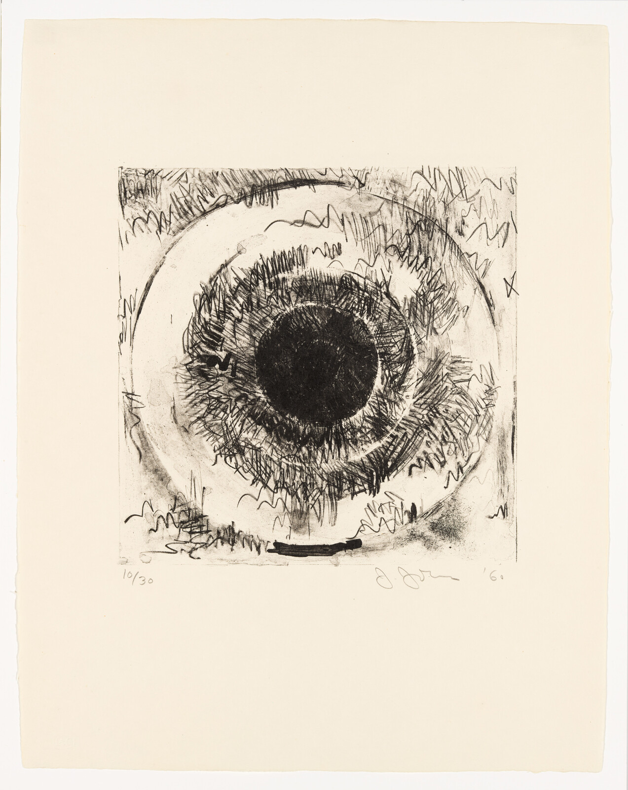 A large monochrome sketch of an eye with a dark pupil and textured, scribbled iris.