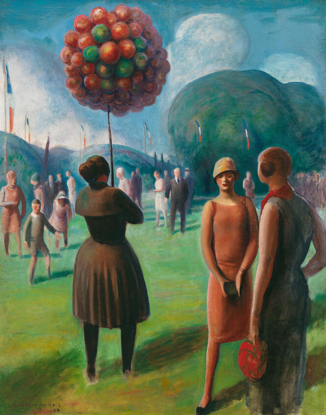 A woman holds a large cluster of balloons while others socialize at a sunny park fair.