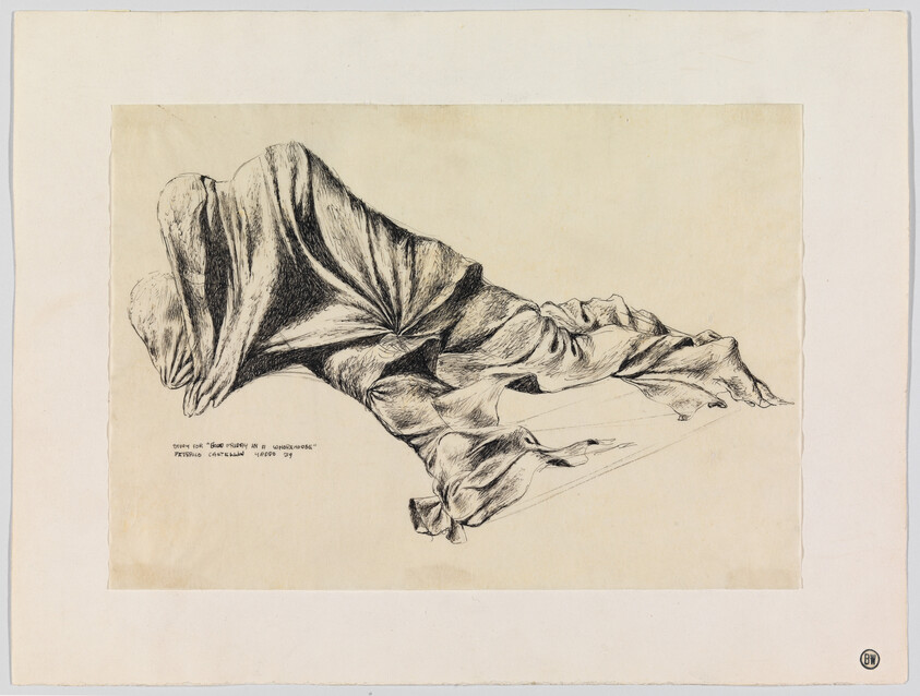 Draped cloth covering a reclining form with detailed, flowing folds rendered in ink.