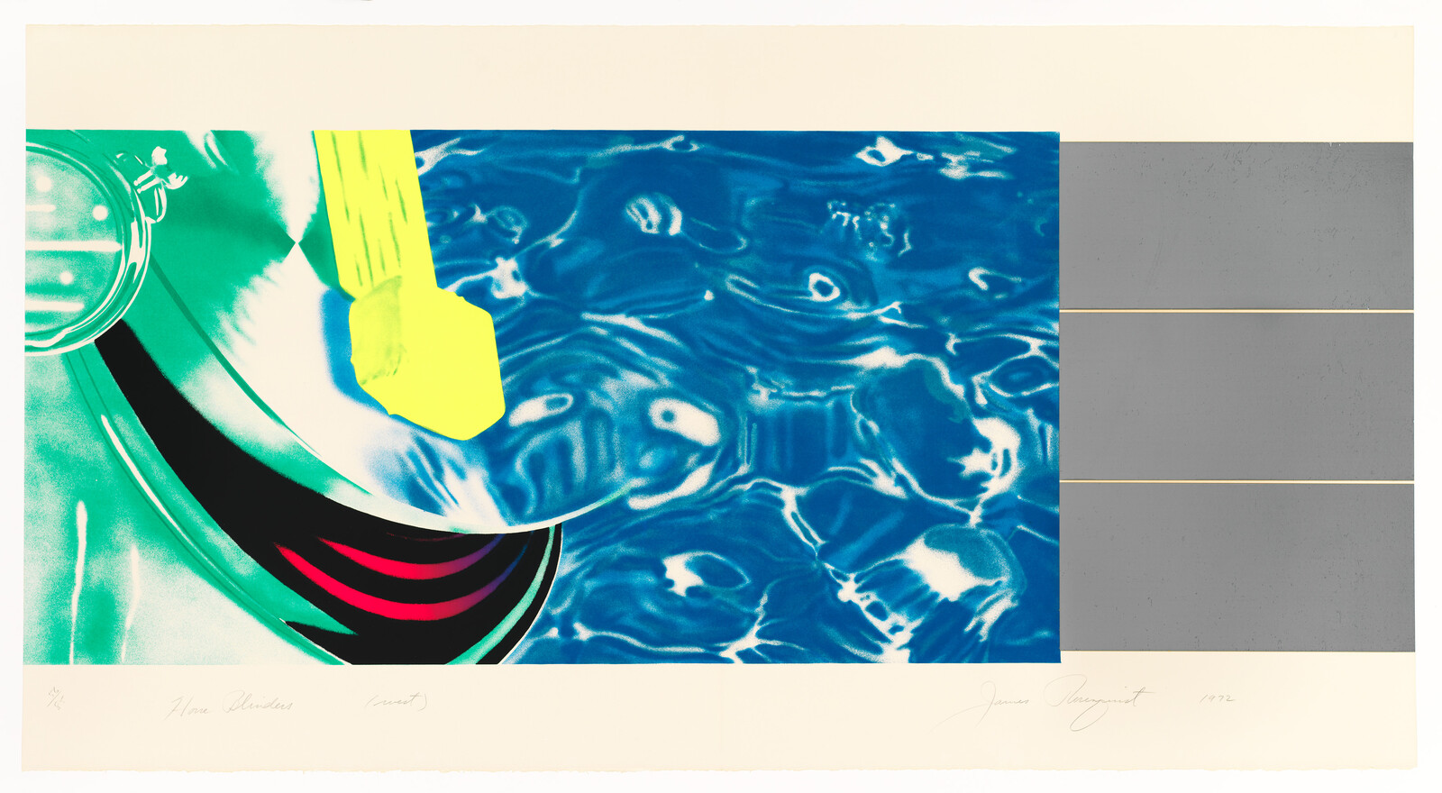 Bright yellow brush dipped near a reflective pool surface with rippling blue water.