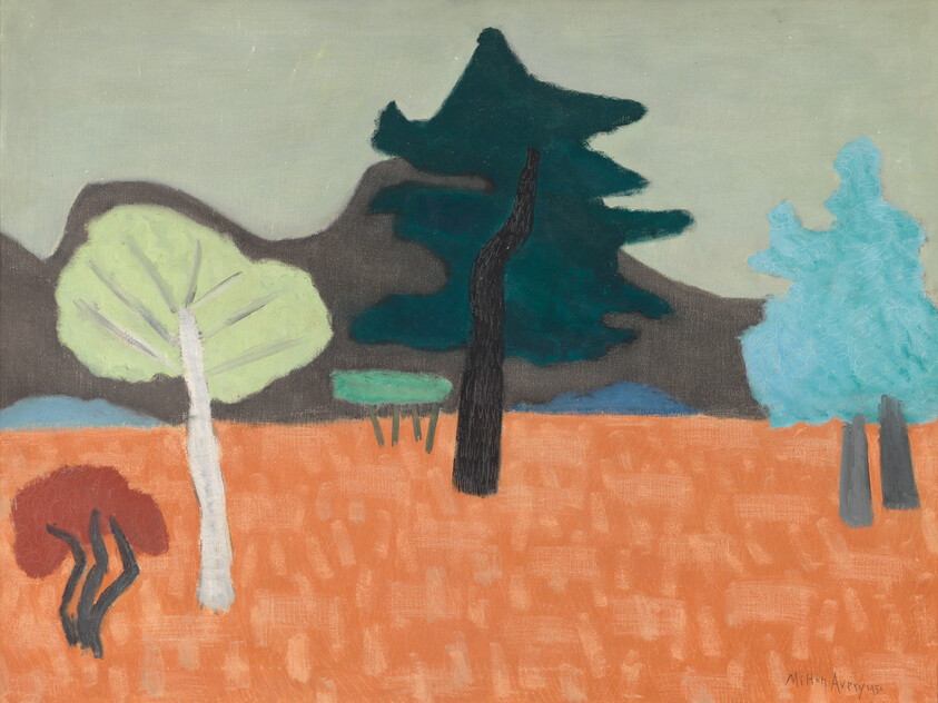 A simplified landscape shows five stylized trees standing on an orange field beneath muted mountains.