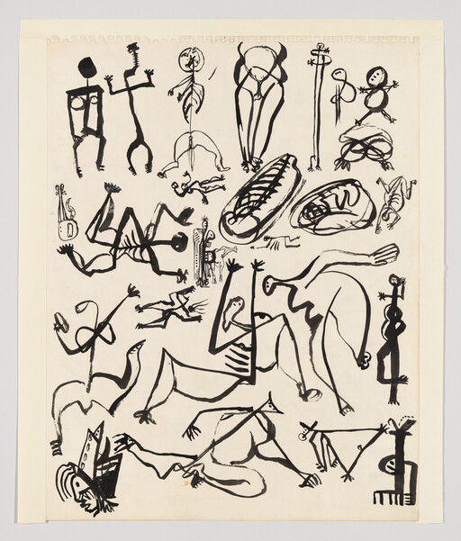 Multiple black ink stick figures and abstract shapes in energetic, varied poses across the paper.