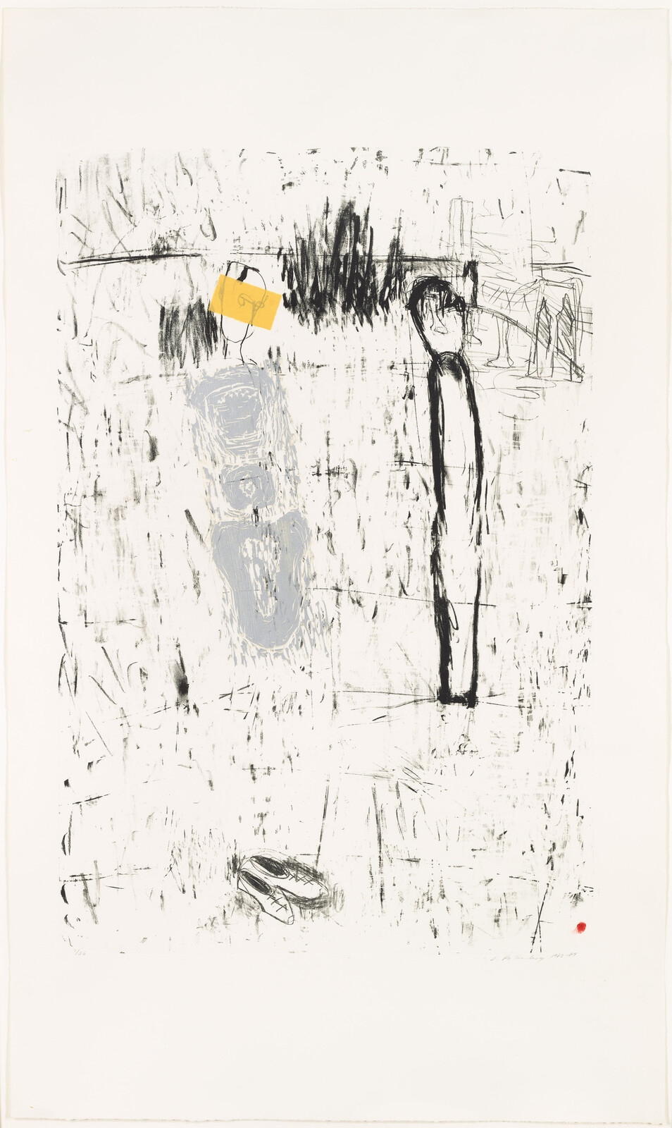 Two thin, sketchy figures stand amid scribbled marks, one with a yellow rectangle over their head.