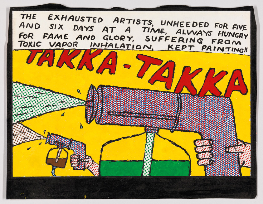 Bright pop-art panel showing large text "TAKKA-TAKKA" and figures spraying toxic vapor with guns.