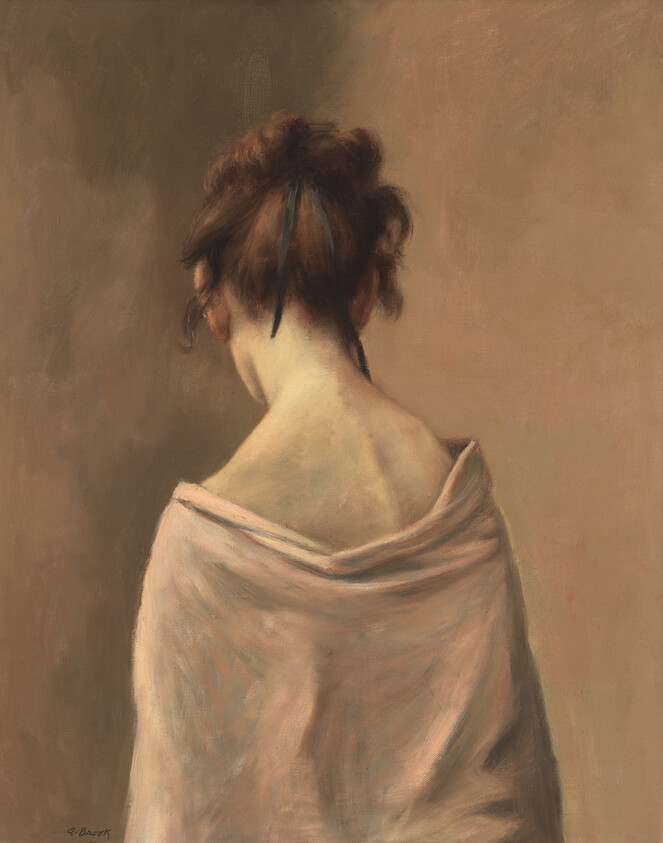 A woman seen from behind with her hair pinned up and a shawl draped over her shoulders.