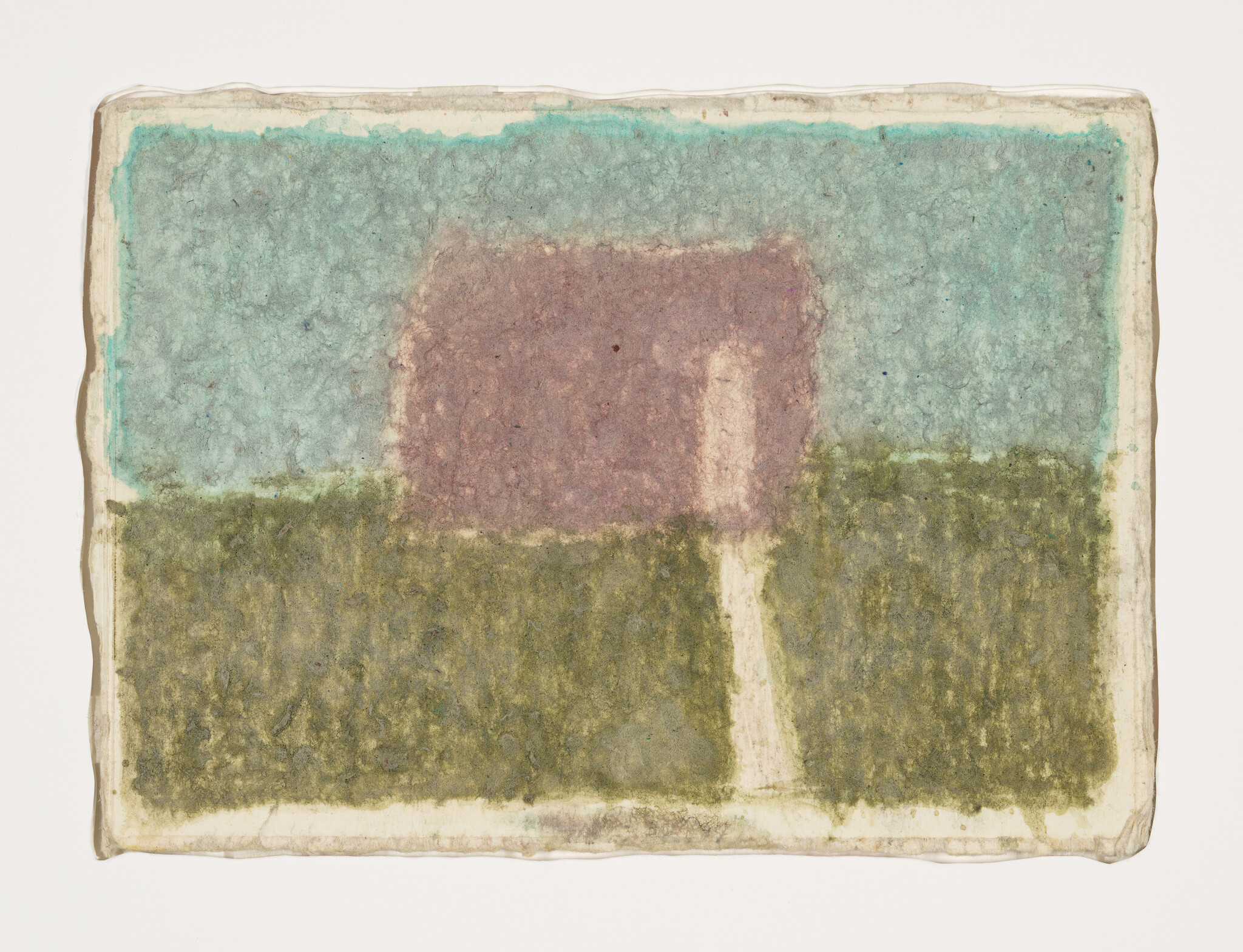 A textured abstract painting showing a small pink house on green grass under a blue sky.