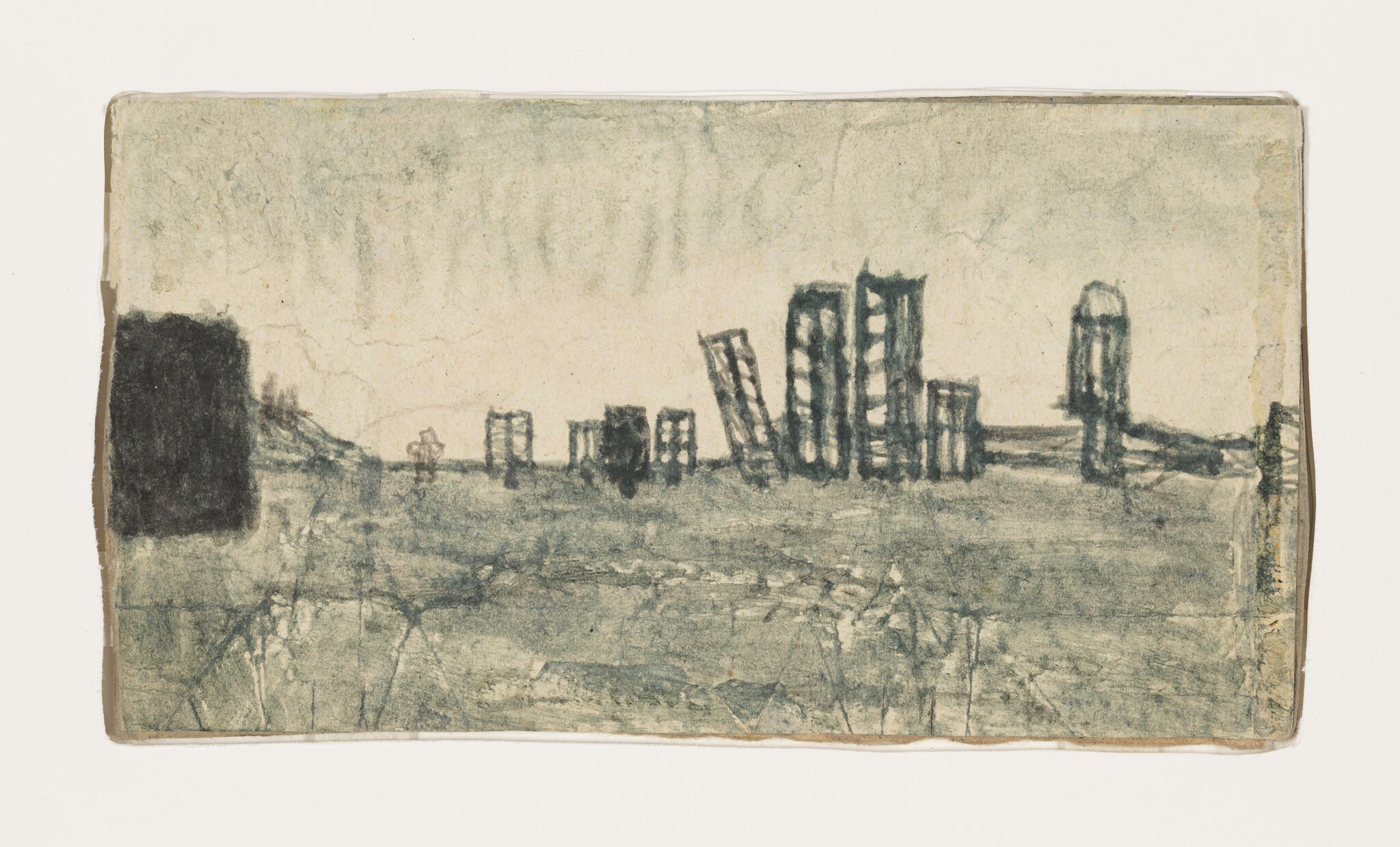 Rough pencil sketch of a sparse skyline with several leaning tall buildings on flat ground.