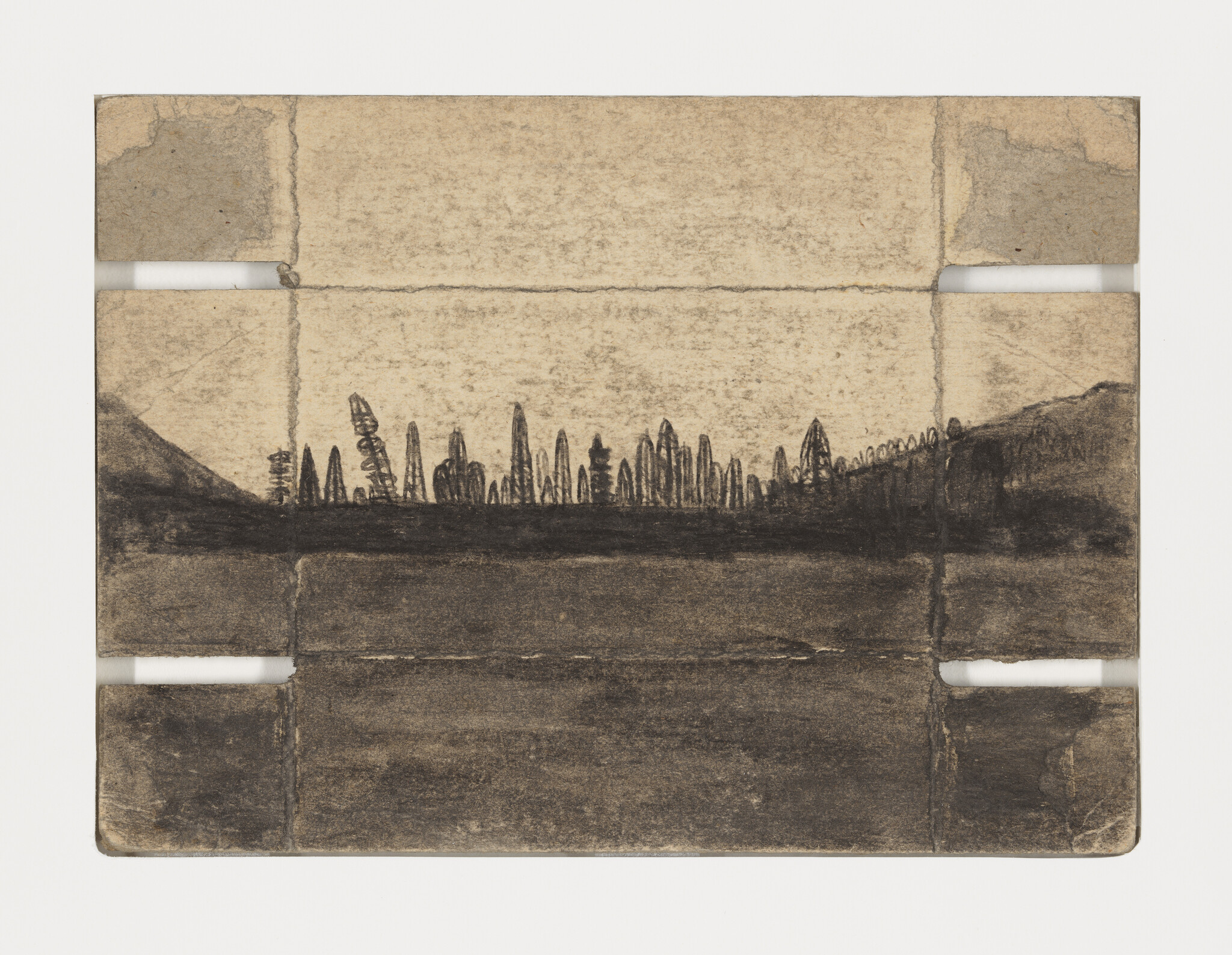 A charcoal landscape showing a row of thin trees between two hills above dark water.