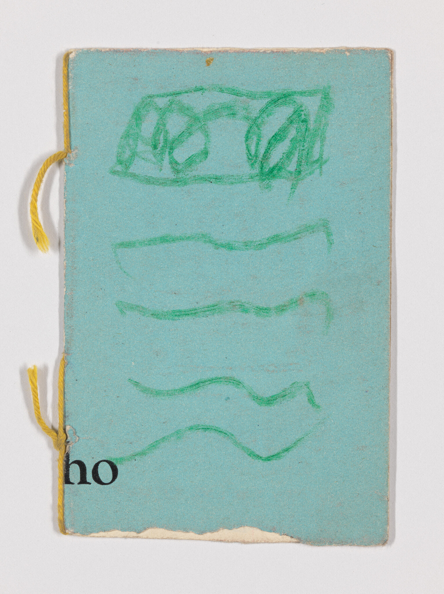 Small blue handmade booklet with green crayon scribbles, yellow string binding, and partial "ho" text.