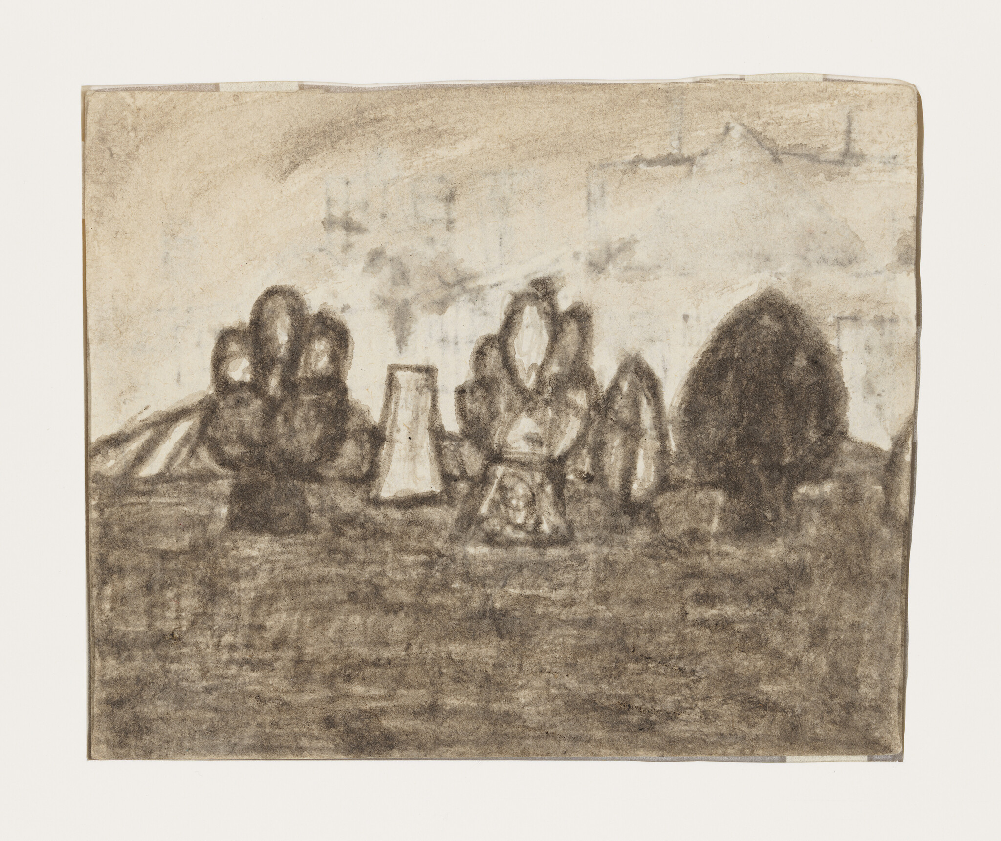 A charcoal sketch shows a row of trees and stone monuments in a grassy field.