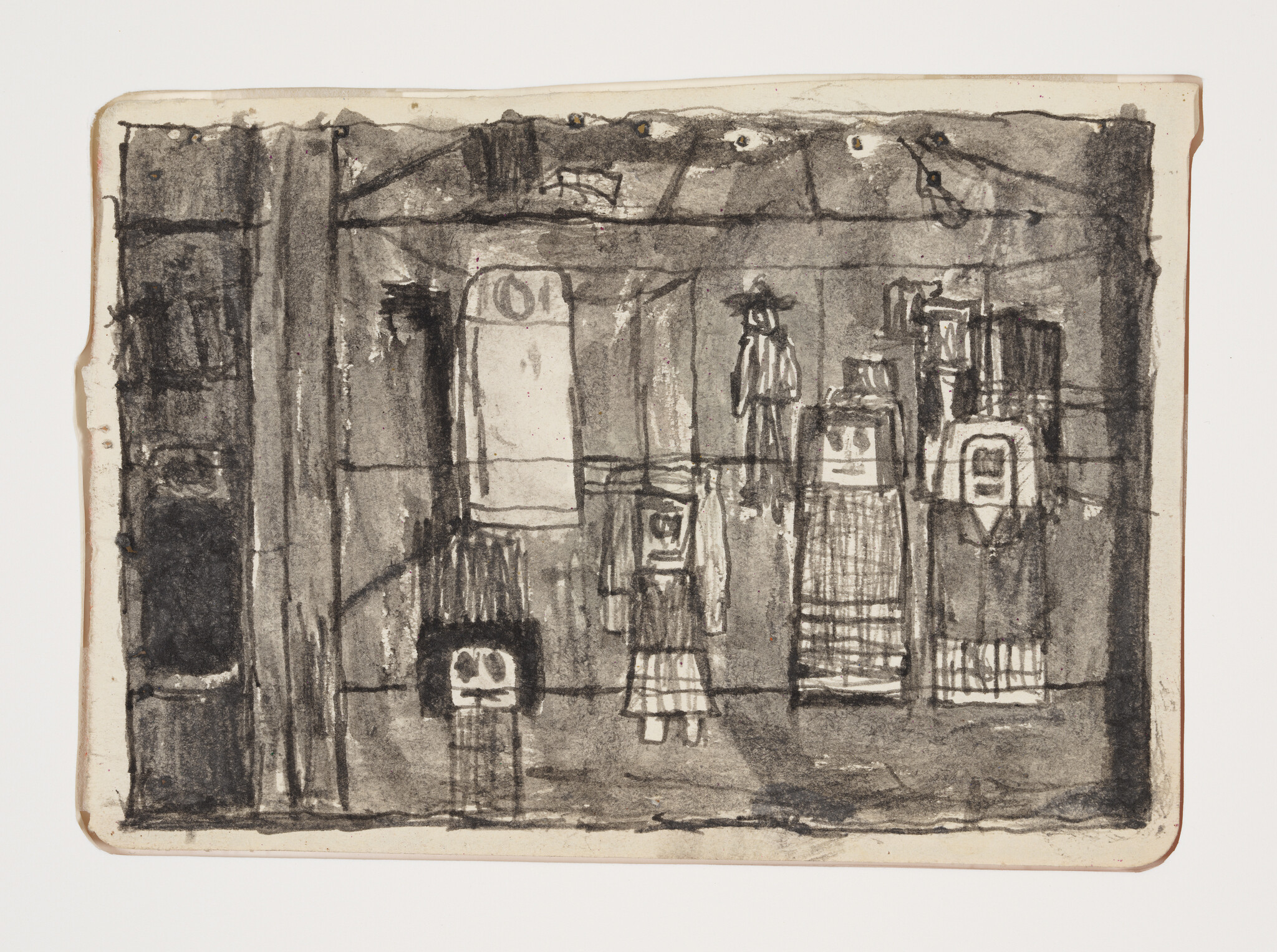 Five mannequin-like figures and hanging clothes are sketched inside a dim storefront window.