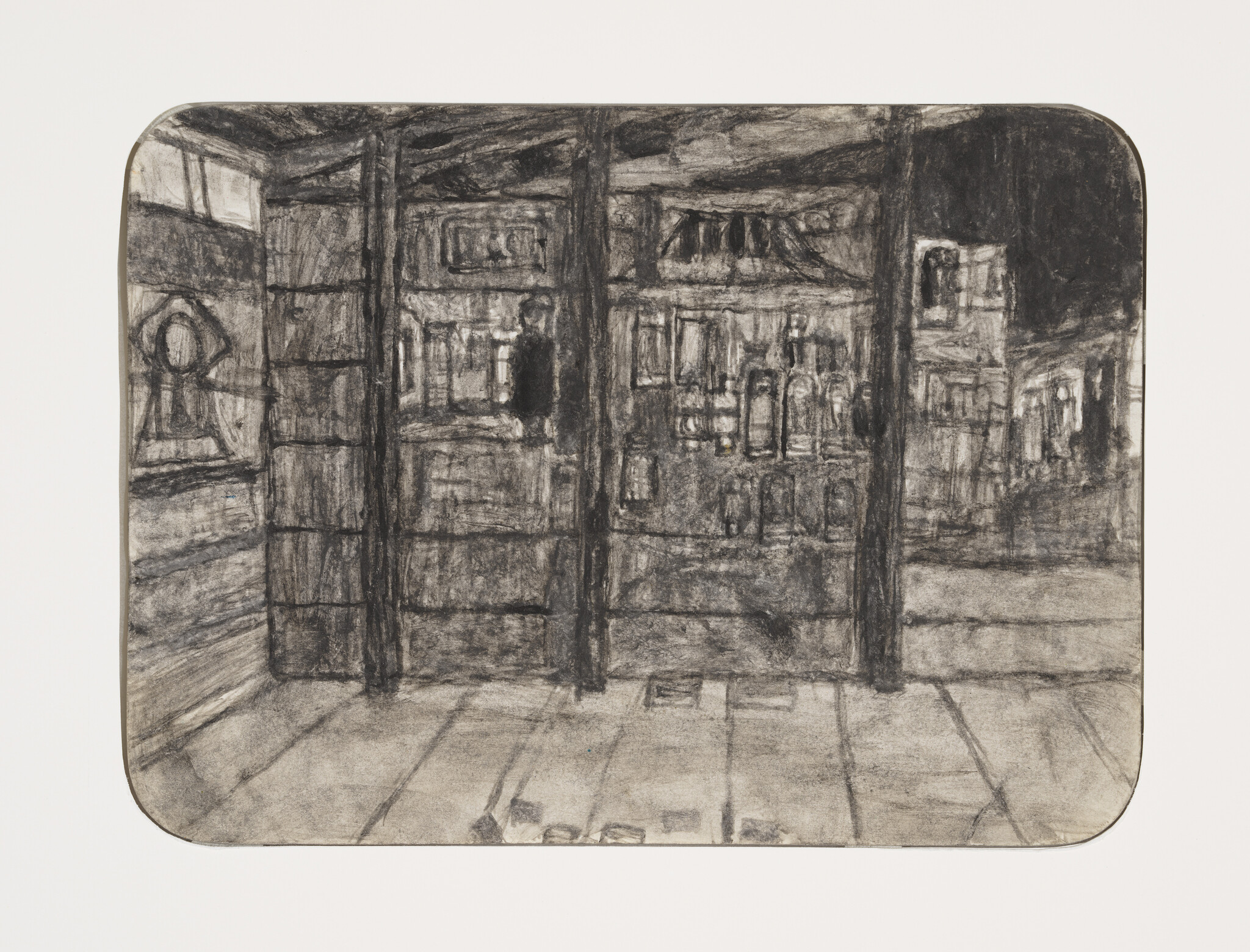 A charcoal sketch of a small shop interior with shelves of bottles and a person behind the counter.