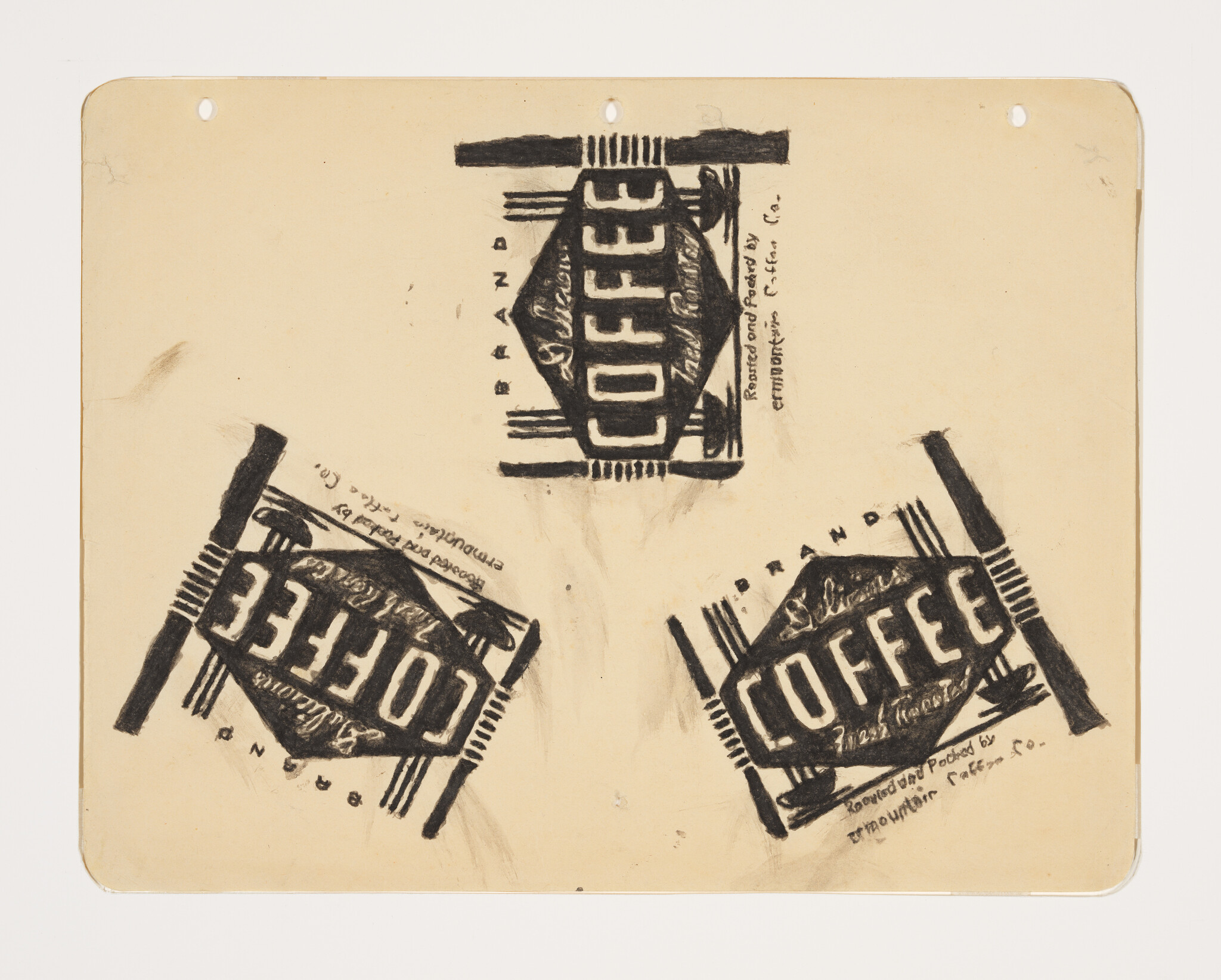 Three black stamped coffee logo designs arranged in a triangular pattern on paper.
