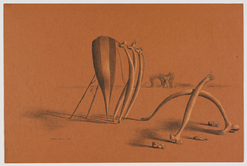 Several tall, spindly, leg-like structures and arches stand on a flat orange ground.