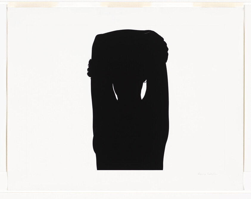 A bold black silhouette of a person with arms raised and hands clasped behind their head.