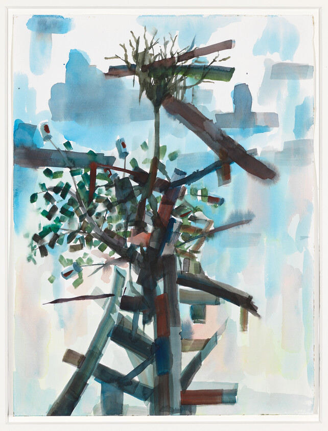 Tall abstract tree with scattered green leaves and dark angular branches against a pale blue sky.