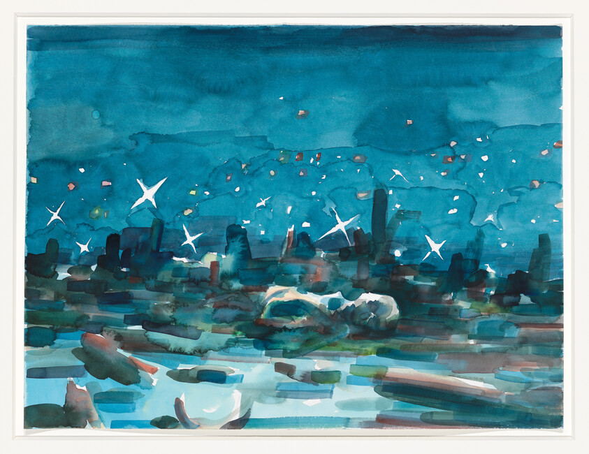A teal watercolor city skyline at night with bright stars reflected in the water.