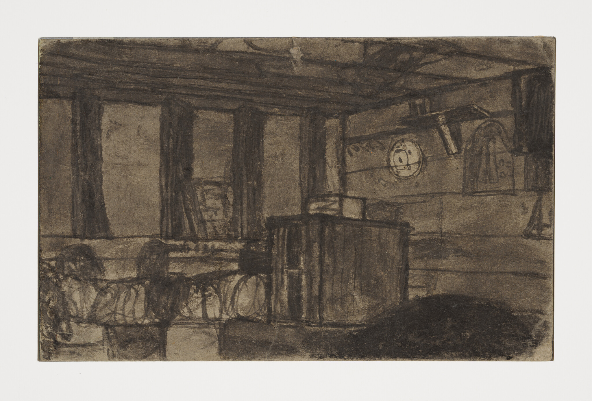 Dim charcoal sketch of a cluttered wooden interior with crates, barrels, beams, and a round porthole.