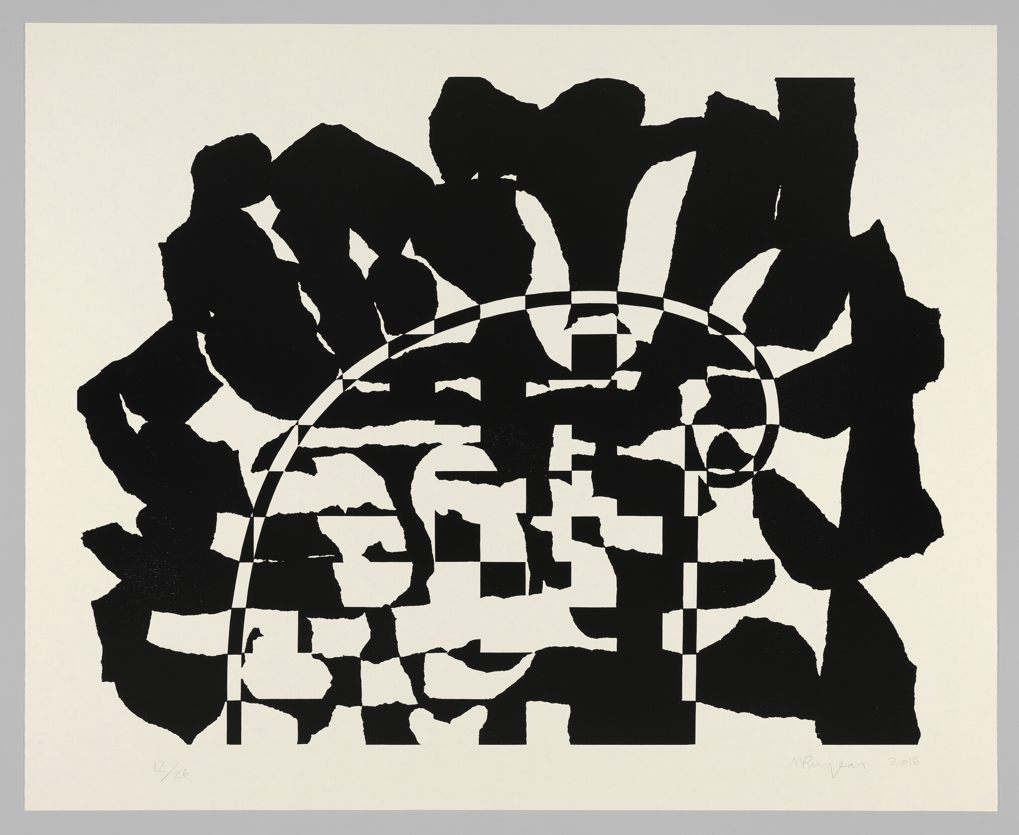 Black torn paper shapes form a fragmented circular pattern with an arch and checkerboard gaps.