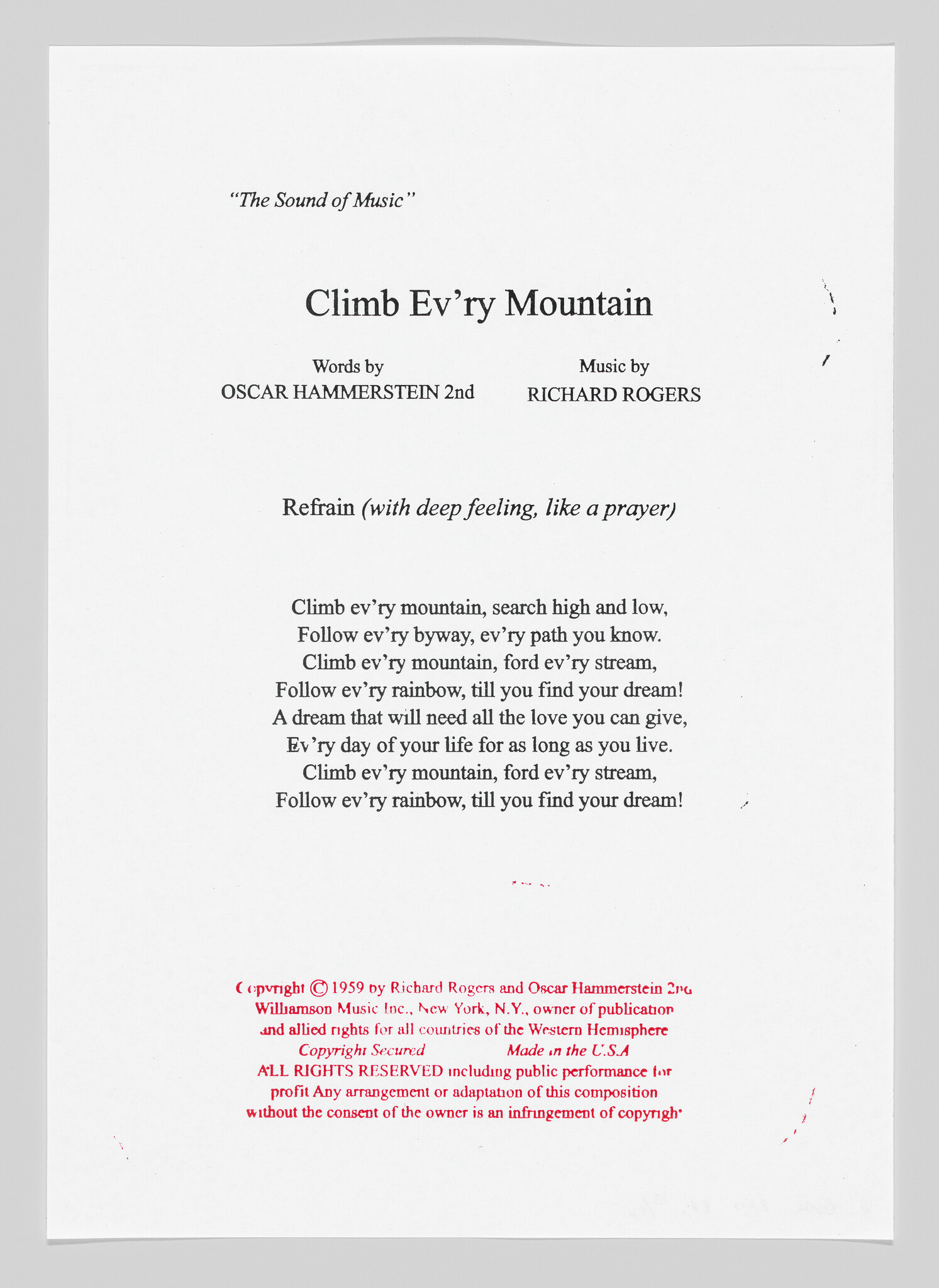 A scanned page of sheet music for the song "Climb Ev'ry Mountain" from "The Sound of Music," with words by Oscar Hammerstein 2nd and music by Richard Rodgers. The page includes the refrain with a note to sing with deep feeling, like a prayer, and the lyrics are visible. There is a copyright notice at the bottom from 1959 by Richard Rodgers and Oscar Hammerstein 2nd.