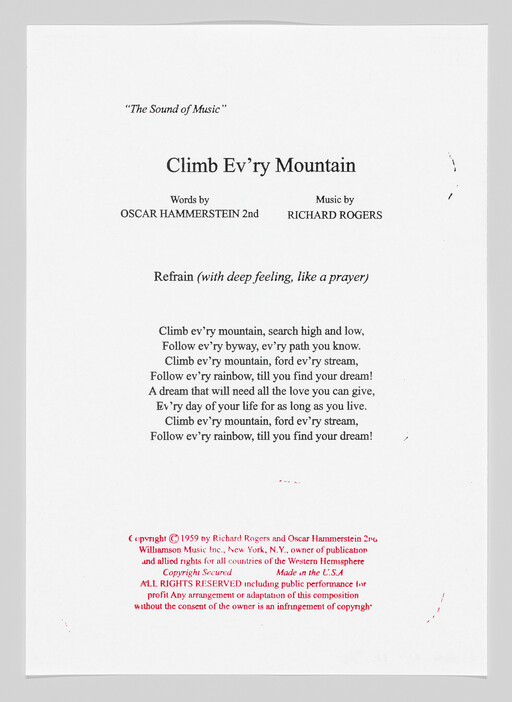 Sheet music titled Climb Ev'ry Mountain showing the song's lyrics and composer and lyricist credits.