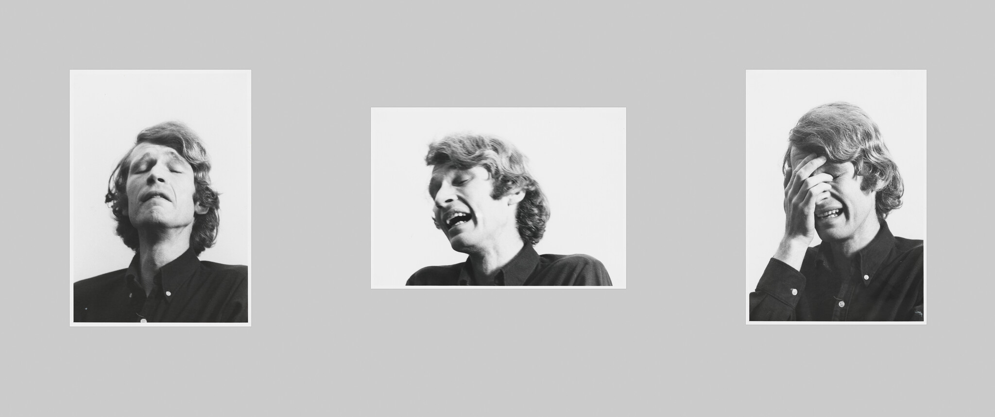 A man in three black-and-white portraits showing singing, strained expression, and hand covering face.