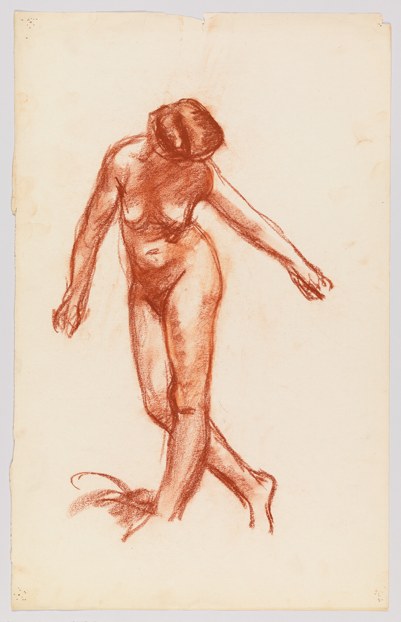 Nude female figure standing with head bowed and arms extended in red chalk sketch.