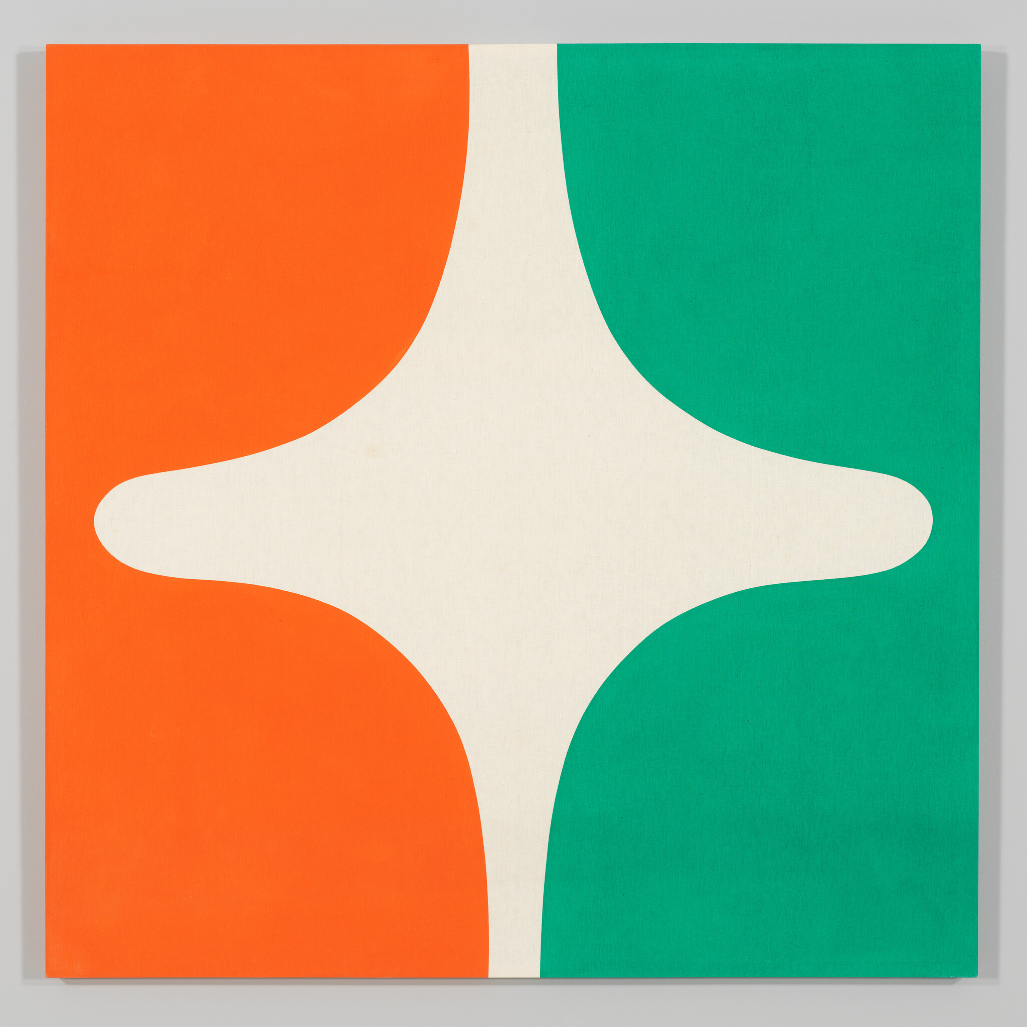 Abstract square artwork with orange and teal halves separated by a beige star-like cross shape.