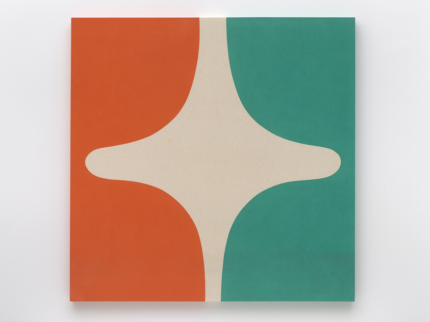 Abstract painting with a beige shape in the center, orange on the left, and teal on the right.