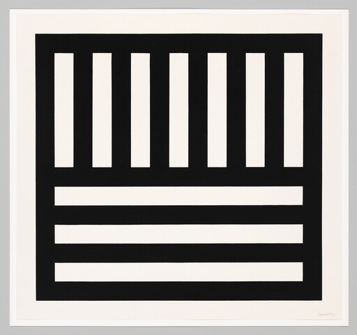 Bold black grid with six vertical bars above and four horizontal bars below inside a square.