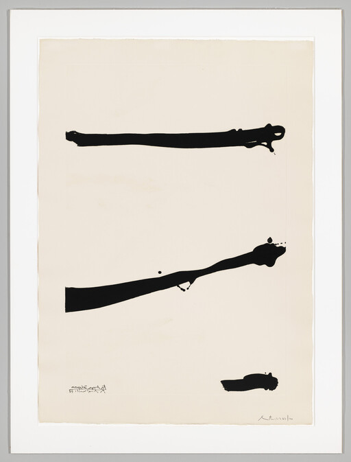 Three thick black horizontal brushstrokes on cream paper in a white frame.