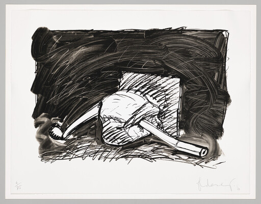 A rough black-and-white drawing of a skull and a long bone against a dark background.