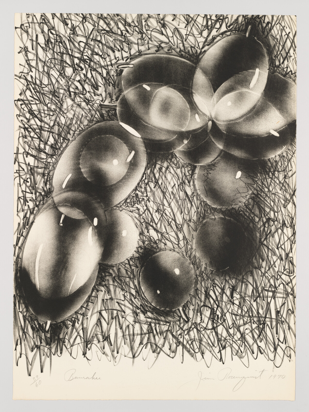 Several glossy spheres cluster against a dense scribbled charcoal background.