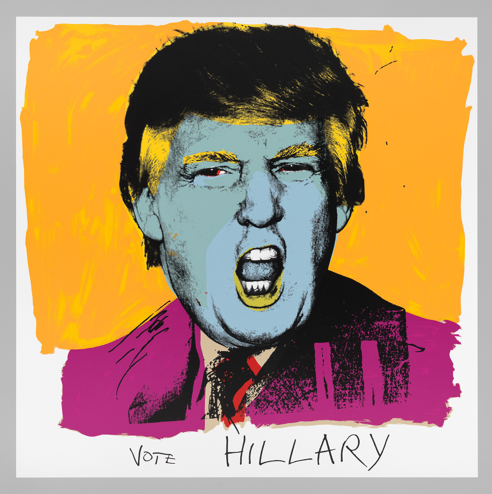 Stylized portrait of a shouting man with blue face and yellow hair, with handwritten "Vote Hillary" text.