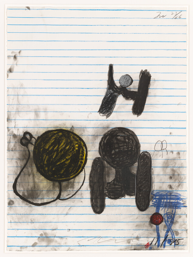 Childlike drawing of three abstract round figures and scribbles on lined notebook paper.