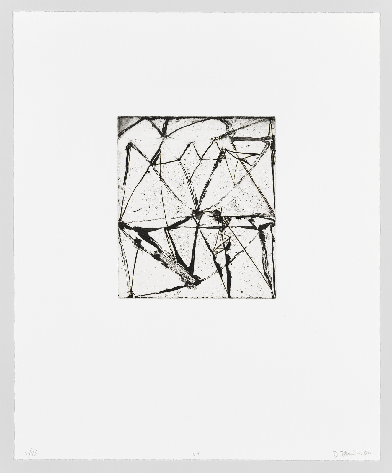 A black and white abstract etching featuring a network of intersecting lines creating a fragmented geometric pattern, centered on a white background with the artist's signature and edition number on the bottom.